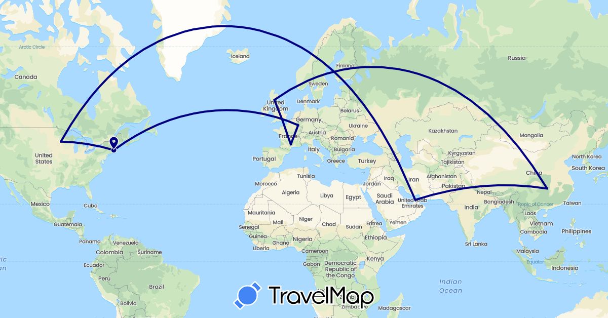 TravelMap itinerary: driving in United Arab Emirates, China, France, United Kingdom, Luxembourg, United States (Asia, Europe, North America)